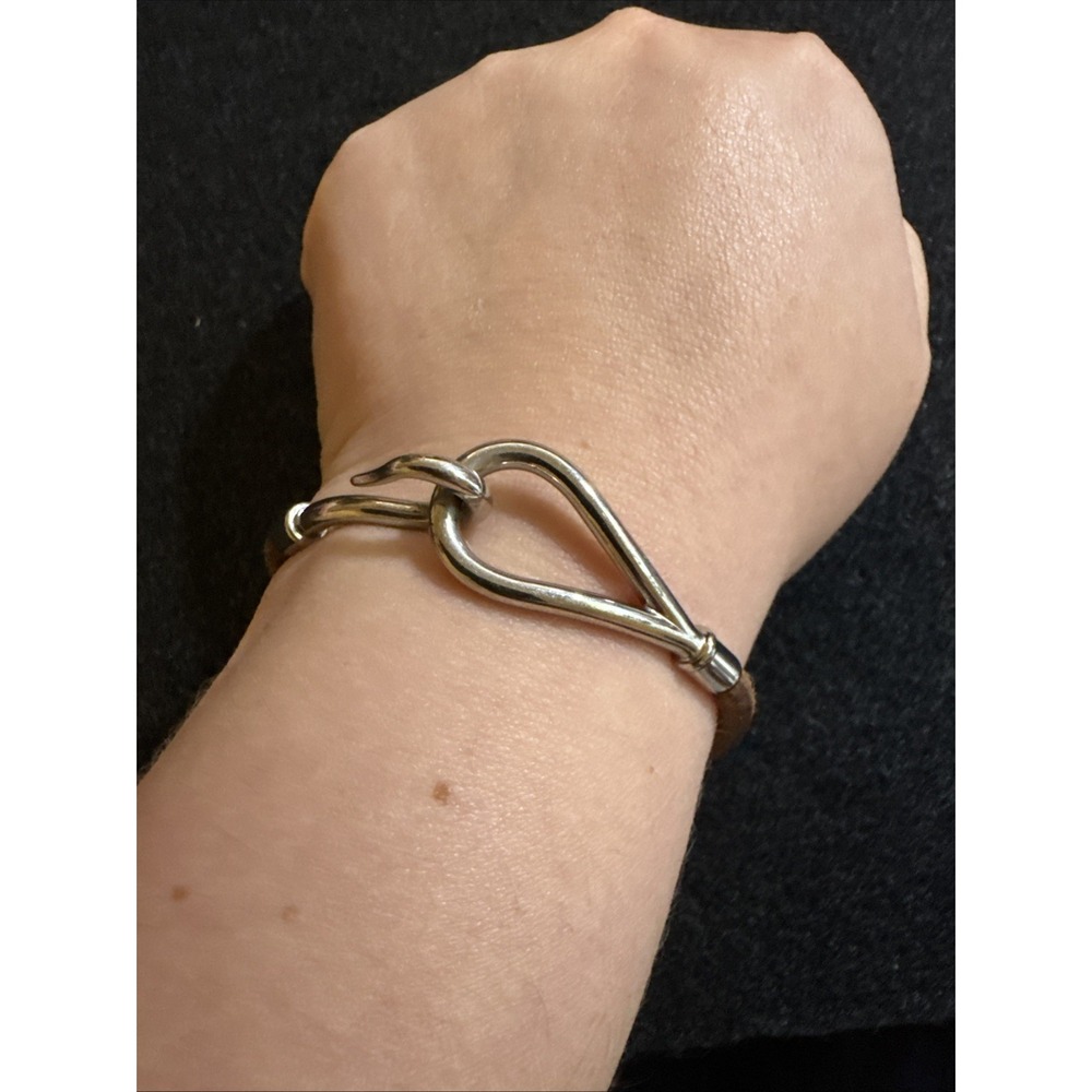 HERMES Jumbo Bracelet Bangle Brown Leather Silver Metal Authentic No Box Vintage